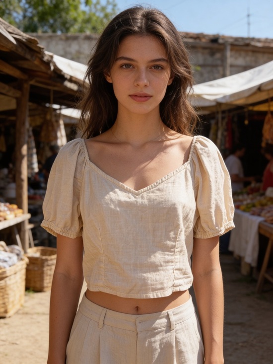 Abercrombie & Fitch Tops - Abercrombie & Fitch Linen Blend Puff Sleeve V Neck Crop Top Cream XS